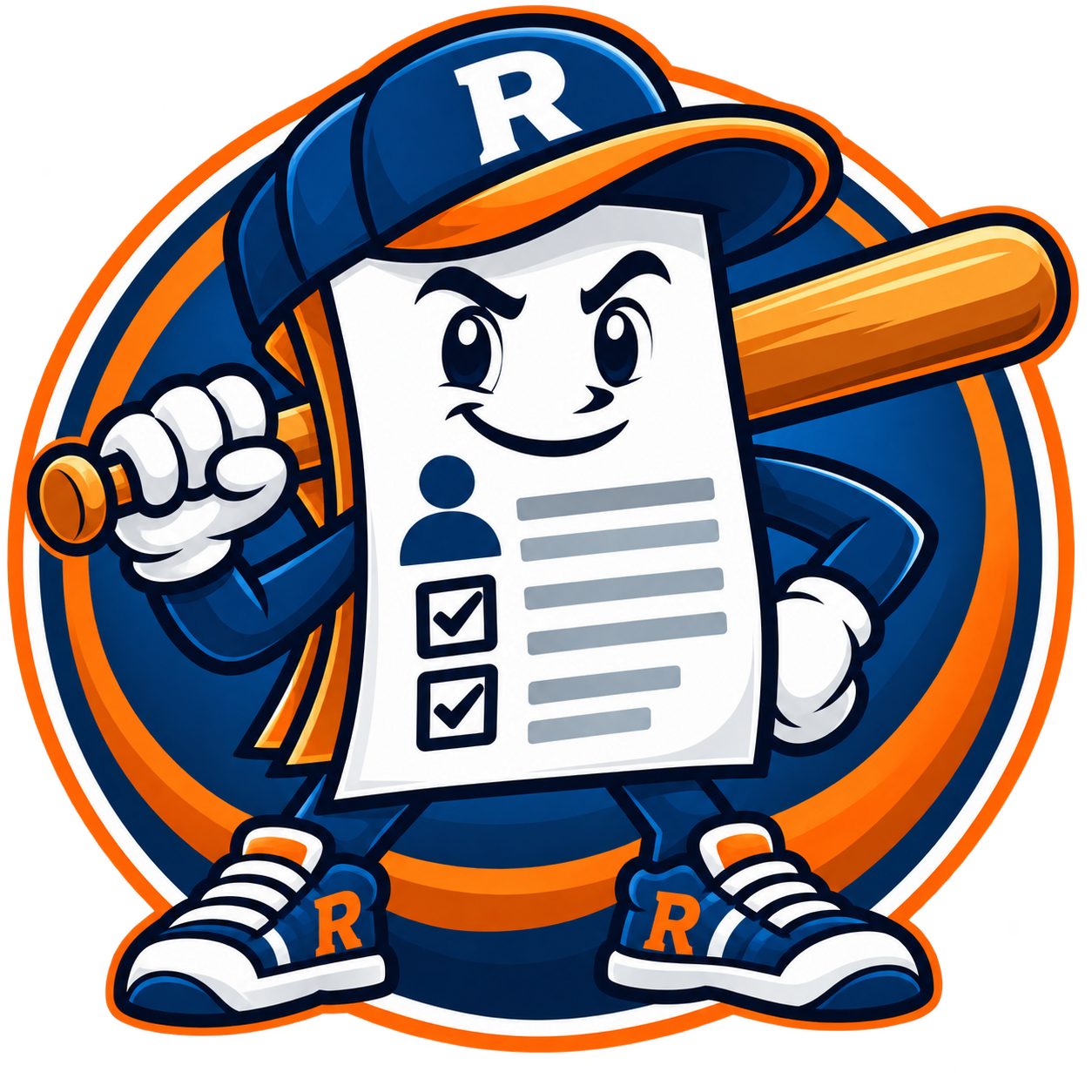Roster’s resume mascot wearing a baseball cap and holding a bat